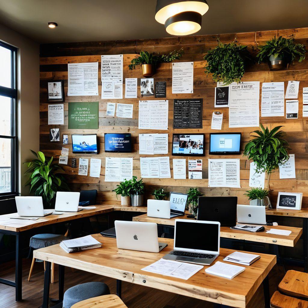 A dynamic workspace showcasing a diverse group of bloggers brainstorming together at a wooden table, surrounded by laptops, notebooks, and coffee cups. In the background, a large digital screen displaying trending news articles and social media feeds. Bright light pours in through large windows, creating an inspiring atmosphere. Include modern decor elements like plants and motivational quotes on walls. super-realistic. vibrant colors. modern style.