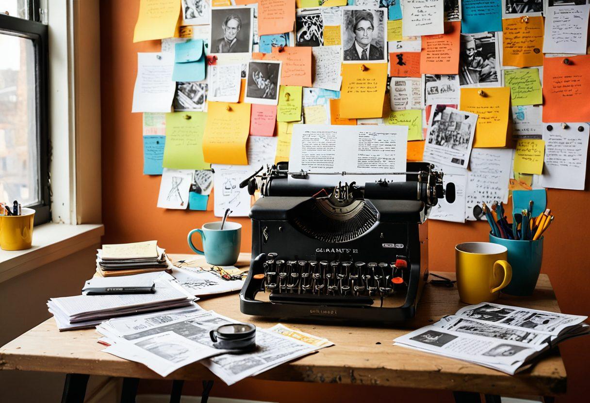 An artist's workspace filled with tools of content creation, featuring a vintage typewriter, colorful sticky notes, and an open laptop displaying a breaking news article. Incorporate a backdrop of newspapers and magazines, with a warm light illuminating the scene. Include a coffee cup and creative sketches scattered around for an inspiring vibe. painting. warm colors. cozy atmosphere.