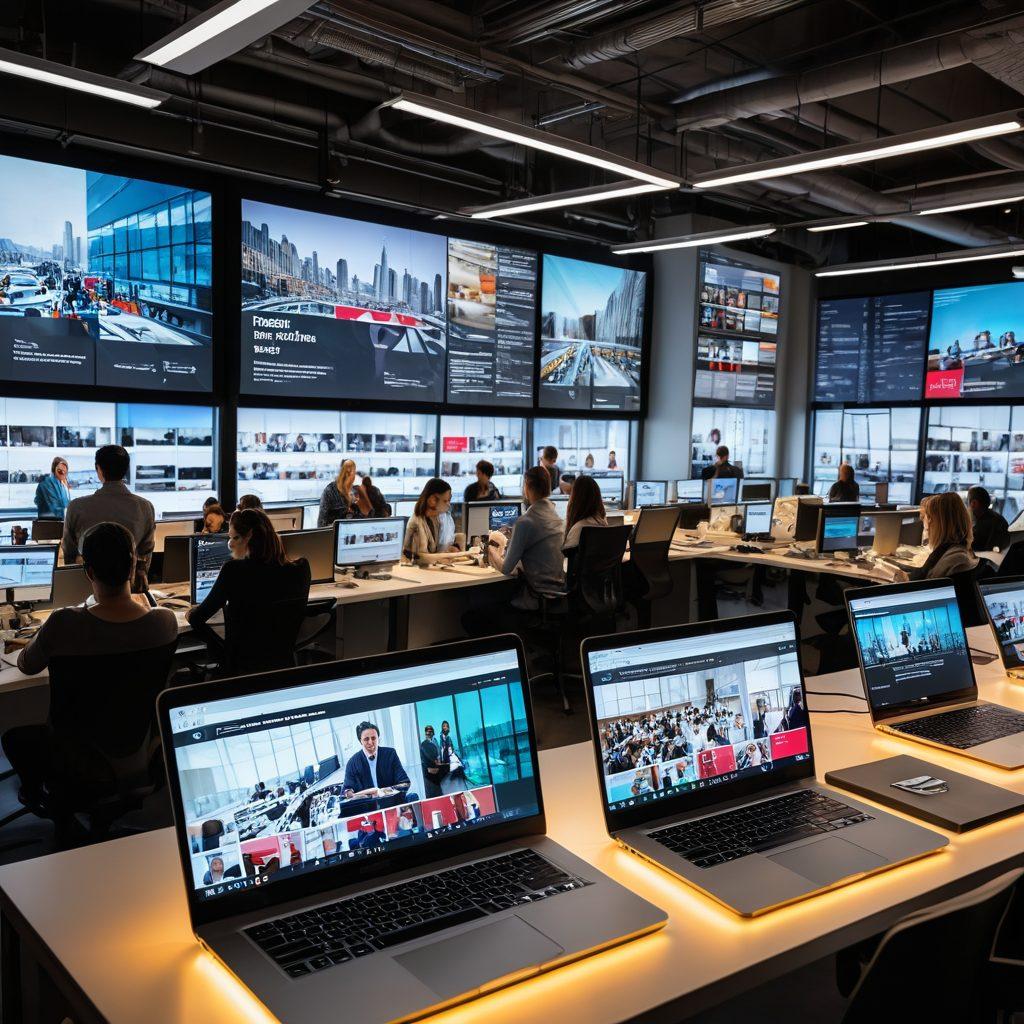 A modern newsroom filled with diverse journalists passionately collaborating on editorial content. Laptops and digital devices displaying impactful articles and data visualizations are scattered around a sleek, open workspace. A large screen features a live feed of global news events. Bright natural light filters through expansive windows, symbolizing transparency and integrity in journalism. The atmosphere is vibrant, showcasing creativity and a commitment to quality reporting. super-realistic. vibrant colors. modern design.